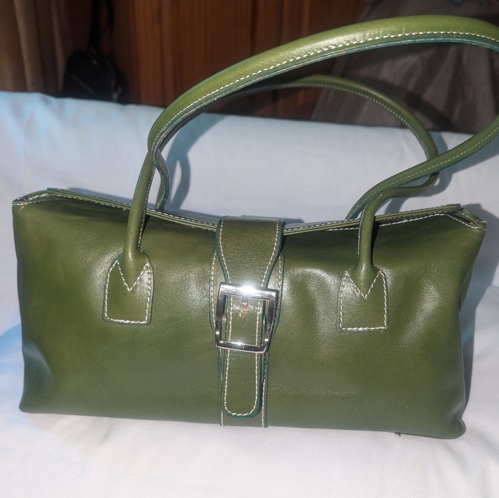 Vera Pelle Green Leather Shoulder Bag.Made In Italy